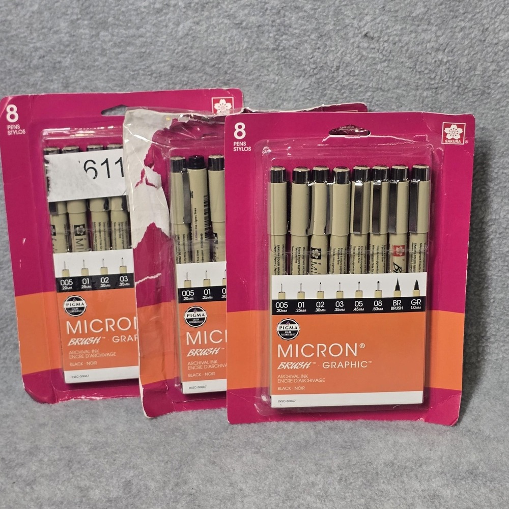 Sakura Pigma Micron Brush Graphic Fineliner Pens Lot 3 8 Pen Sets Black Japan